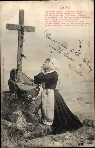 Ak Editions Bergeret, La Foi, femme en costume, prier