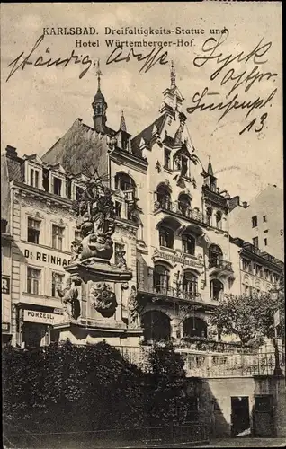 Ak Karlovy Vary Karlsbad Stadt, Dreifältigkeits Statue, Hotel Würtemberger Hof, Württemberger Hof