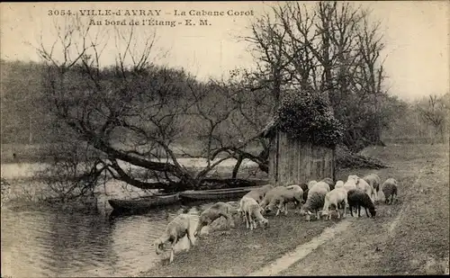 Ak Sèvres Ville d Avray Hauts de Seine, La Cabane Corot, Au bord de l'Etang, Schafe