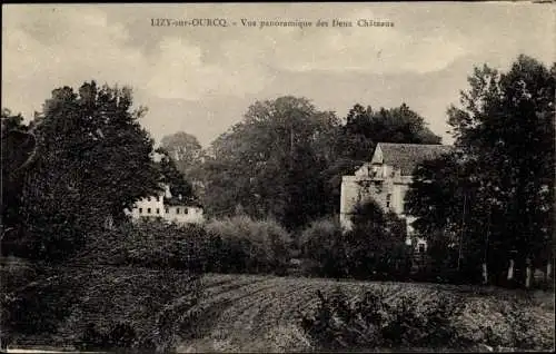 Ak Lizy sur Ourcq Seine et Marne, Vue Panoramique des Deux Chateaux