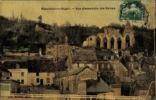 Ak Beaumont le Roger Eure, Vue d'ensemble des Ruines