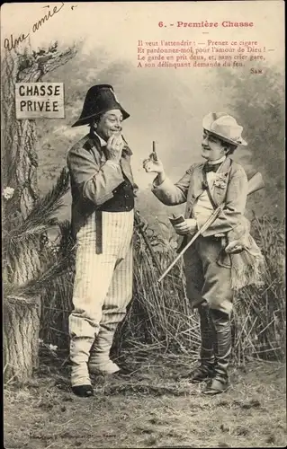 Ak Editions Bergeret, Premiere Chasse, un chasseur et une chasseuse