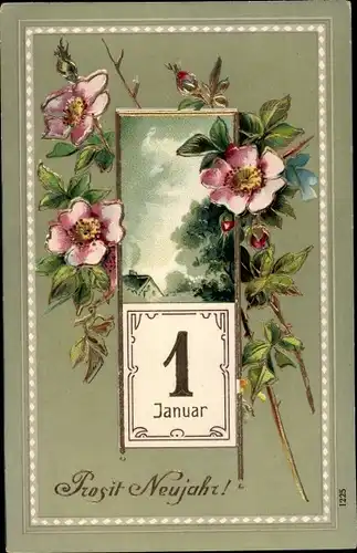 Gold Glitzer Präge Ak Glückwunsch Neujahr, Blumen, Kalender