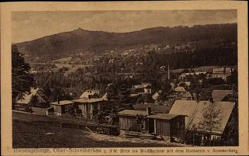 Ak Szklarska Poręba Schreiberhau Riesengebirge Schlesien, Gesamtansicht; Weißbachtal, Hochstein