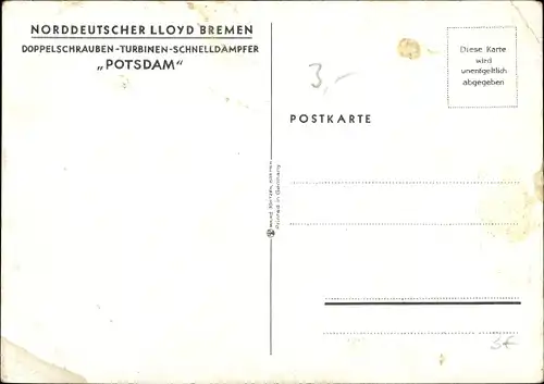 Künstler Ak Schmidt, R., NDL Doppelschrauben Turbinen Schnelldampfer Potsdam