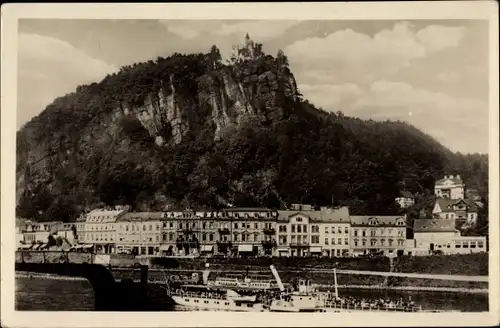 Ak Děčín Tetschen Bodenbach Elbe Region Aussig, Labské nábrezi s Pastýrskou stenou