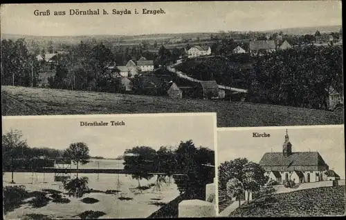 Ak Dörnthal Olbernhau im Erzgebirge Sachsen, Teich, Kirche, Gesamtansicht