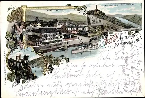 Litho Assmannshausen Rüdesheim am Rhein, Hotel zum Anker, Burg Rheinstein, Nationaldenkmal