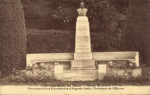 Ak Charny Seine et Marne, L'Entr'Aide Sociale des Tabacs, Monument eleve a la memoire d'Augusta