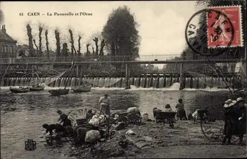 Ak Caen Calvados, La Passerelle et l'Orne