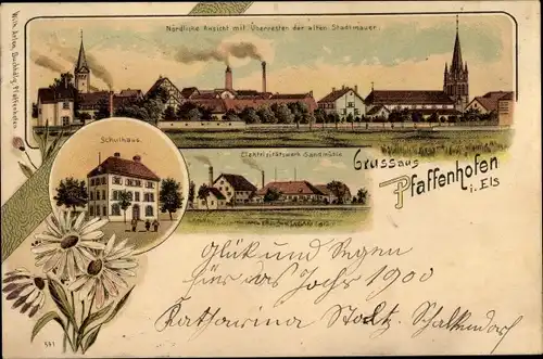 Litho Pfaffenhofen Bas-Rhin, Nördliche Ansicht mit Überresten der Stadtmauer, Schulhaus, E-Werk