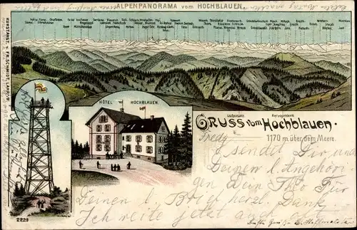 Litho Schliengen im Schwarzwald, Hotel Hochblauen, Turm, Gebirge