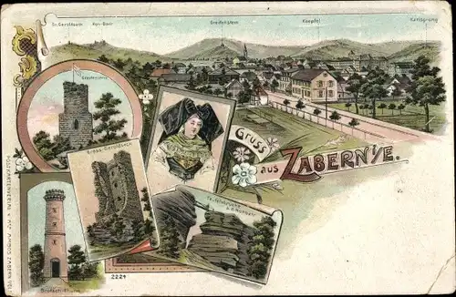 Litho Saverne Zabern Elsass Bas Rhin, Greifenstein, Teufelsbrücke, Brotsch Thurm, Tracht