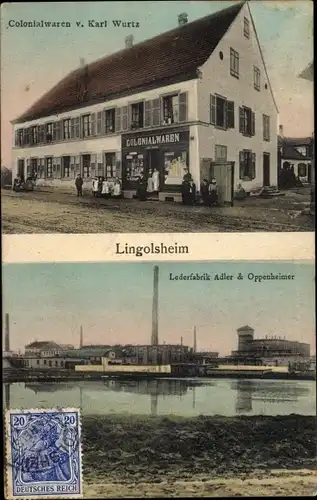 Ak Lingolsheim Elsaß Elsass Bas Rhin, Lederfabrik Adler und Oppenheimer, Colonialwaren von K. Wurtz