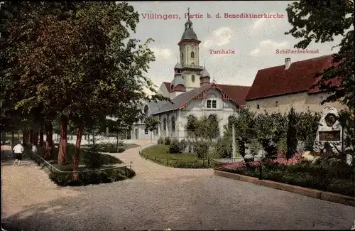 Ak Villingen Schwenningen im Schwarzwald, Benediktinerkirche, Turnhalle, Schillerdenkmal