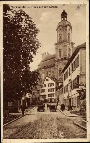 Ak Neckarsulm in Baden Württemberg, Kirche, Straßenpartie