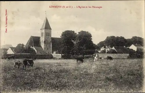 Ak Lommoye Yvelines, L'Église et les Paturages, Kühe