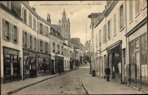 Ak Montfort l'Amaury Yvelines, rue de Paris, plaque Fers Fontes et Charbons