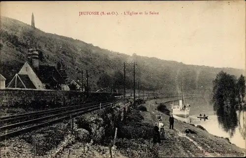 Ak Jeufosse Yvelines, Eglise et bords du Seine, bateaux ammarée, voies ferrées