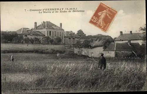 Ak Hermeray Yvelines, La Mairie et les Ecoles de Béchereau, prairie