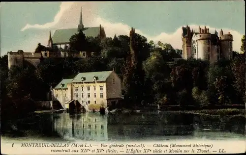 Ak Montreuil Bellay Maine et Loire, Vue generale, Chateau, L'Eglise