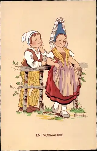 Ak Normandie Calvados, Trachten, Mädchen und Junge in traditioneller Kleidung