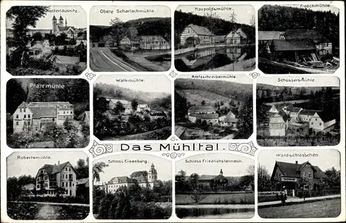 Ak Bad Klosterlausnitz in Thüringen, Scharlachmühle, Naupoldsmühle, Froschmühle, Schloss Eisenberg