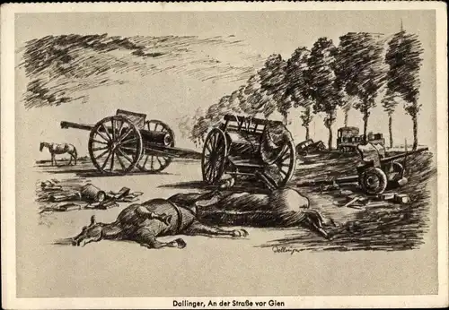Ak Gien Loiret, An der Straße vor Gien, Schlachtfeld, Kanonen, 1941