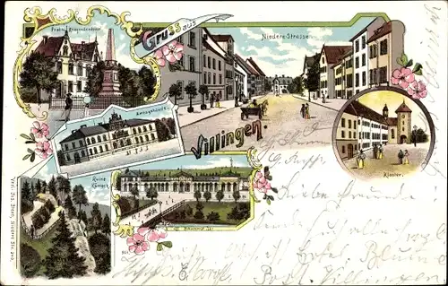 Litho Villingen Schwenningen im Schwarzwald, Post und Kriegerdenkmal, Niedere Straße, Kloster