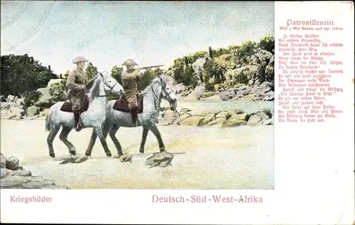 Ak Namibia, Deutsch Südwestafrika, Deutsche Kolonie, Patrouillenritt bei Sedan, Gedicht, color