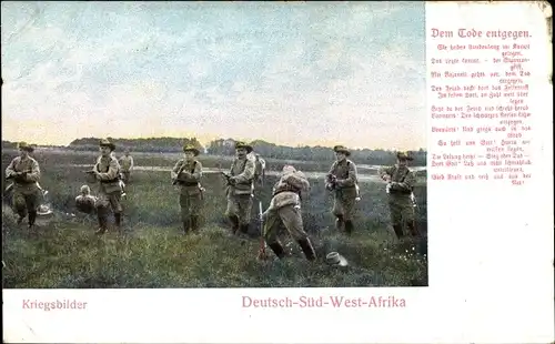 Ak Namibia, Deutsch Südwestafrika, Deutsche Kolonie, Dem Tode entgegen, Gedicht, color