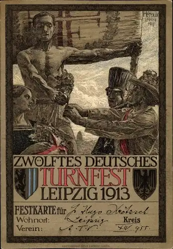 Künstler Wappen Ak Heroux, 12. Deutsches Turnfest Leipzig 1913, Turner verteilt Eichenblätter