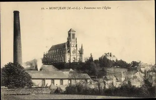 Ak Montjean Maine et Loire, Panorama vers l'Eglise