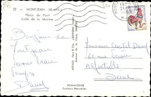 Ak Montjean Maine et Loire, Place du Pont, Cafe de la Marine