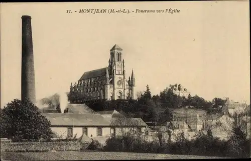 Ak Montjean Maine et Loire, Panorama vers l'Eglise