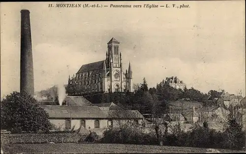 Ak Montjean Maine et Loire, Panorama vers L'Eglise