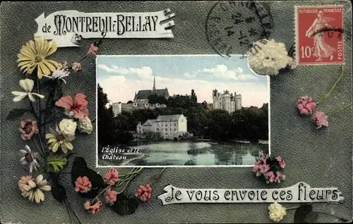 Ak Montreuil Bellay Maine et Loire, L'Eglise et le Chateau, Blumen