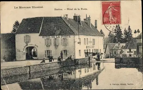 Ak Saulieu Cote d'Or, Hôtel de la Poste, vue générale, rivière