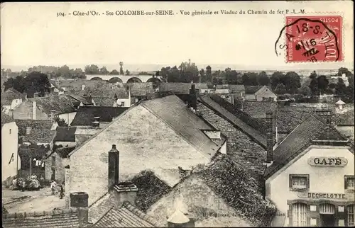 Ak Sainte Colombe sur Seine Côte d'Or, vue générale du village, Viaduc du Chemin de fer PLM