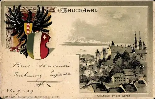 Präge Wappen Litho Neuchâtel Neuenburg Stadt, Château et les Alpes