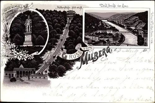 Litho Bad Ems an der Lahn, Malbergbahn, Denkmal Kaiser Wilhelm I.