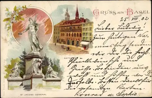 Litho Bâle Basel Stadt Schweiz, St Jacobs Denkmal, Rathaus