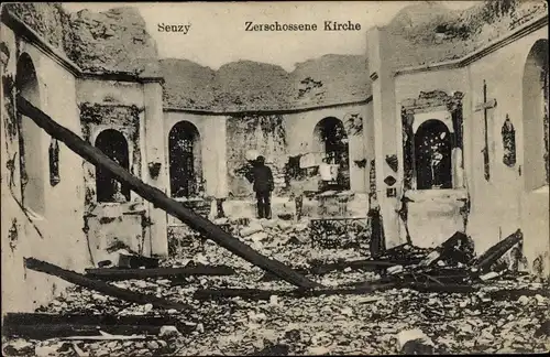 Ak Seuzey Meuse, Zerschossene Kirche, deutscher Soldat, Kriegszerstörungen, I. WK