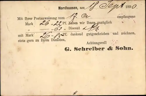 Vorläufer Ganzsachen Ak Nordhausen am Harz, Firma G. Schreiber & Sohn, Postanweisung, Diskont