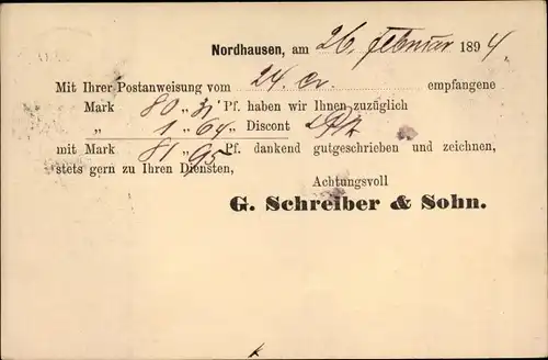 Vorläufer Ganzsachen Ak Nordhausen am Harz, Firma G. Schreiber & Sohn, Postanweisung, Diskont