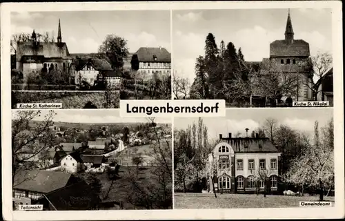 Ak Langenbernsdorf bei Werdau, Kirche St. Nikolai, Kirche St. Katharinen, Gemeindeamt, Teilansicht