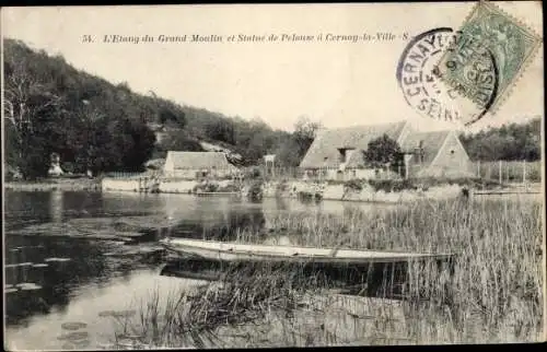 Ak Cernay la Ville Yvelines, L'Etand du Grand Moulin et Statue de Pelouse, Ruderboot