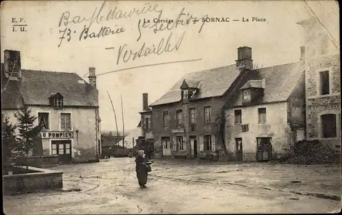 Ak Sornac Corrèze, La Place, Cafe Francais, maison au pompier