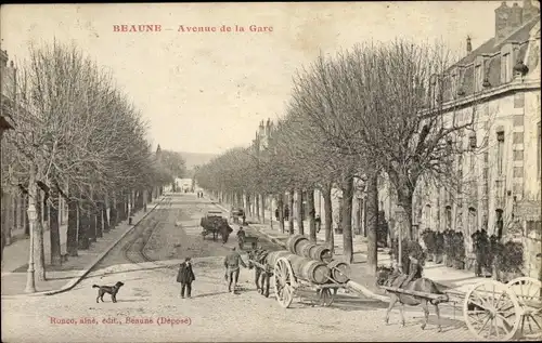 Ak Beaune Côte d’Or, Avenue de la Gare, chevaux et chariots