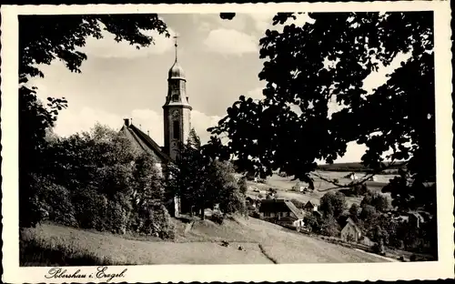 Ak Pobershau Marienberg im Erzgebirge, Durchblick zur Kirche